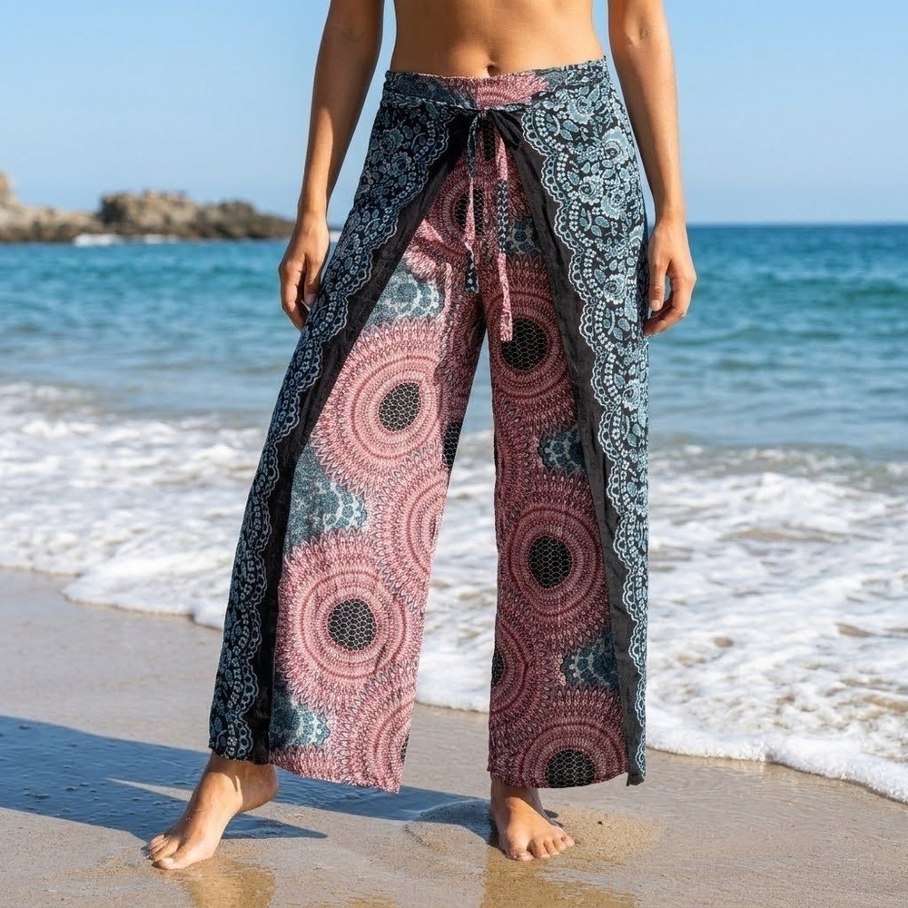 Thai Wrap Pants Womens One Size Multicolor Boho Mandala Wide Leg Palazzo Yoga